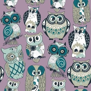 Mid Mod Mix and Match Coordinate - Retro Owls in Amethyst, Teal, Mint, and Khaki