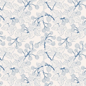 Small Vintage Outlined Raspberry  Brambles in Cornflower Blue