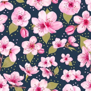 Large Scale Pink Cherry Blossoms on Navy