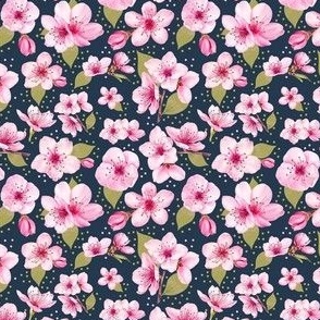 Small Scale Pink Cherry Blossoms on Navy