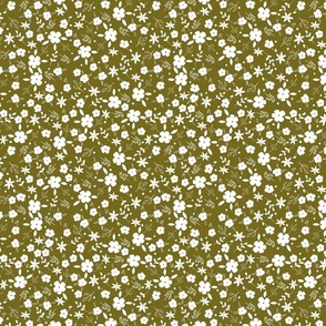 Small Scale Botanical White flowers on a Artichoke Olive Green Background