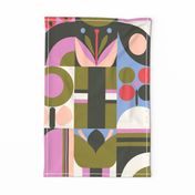 Geometric Floral Tea Towel with pink, Cream, reds, and Greens on Black