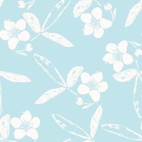 White and Blue Floral - Wild Strawberry Flowers (6" Fabric / 12" Wallpaper)