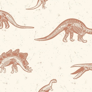 Large Excavated Jurassic Dinosaur Fossils in Mocha Brown with a Distressed Textured background in Cream White Background