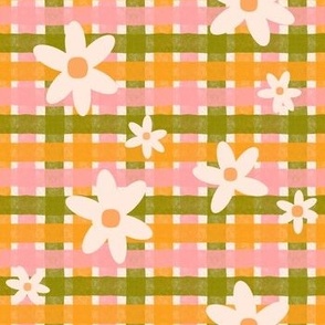 Retro Spring Watercolor Plaid Gingham with Daisies