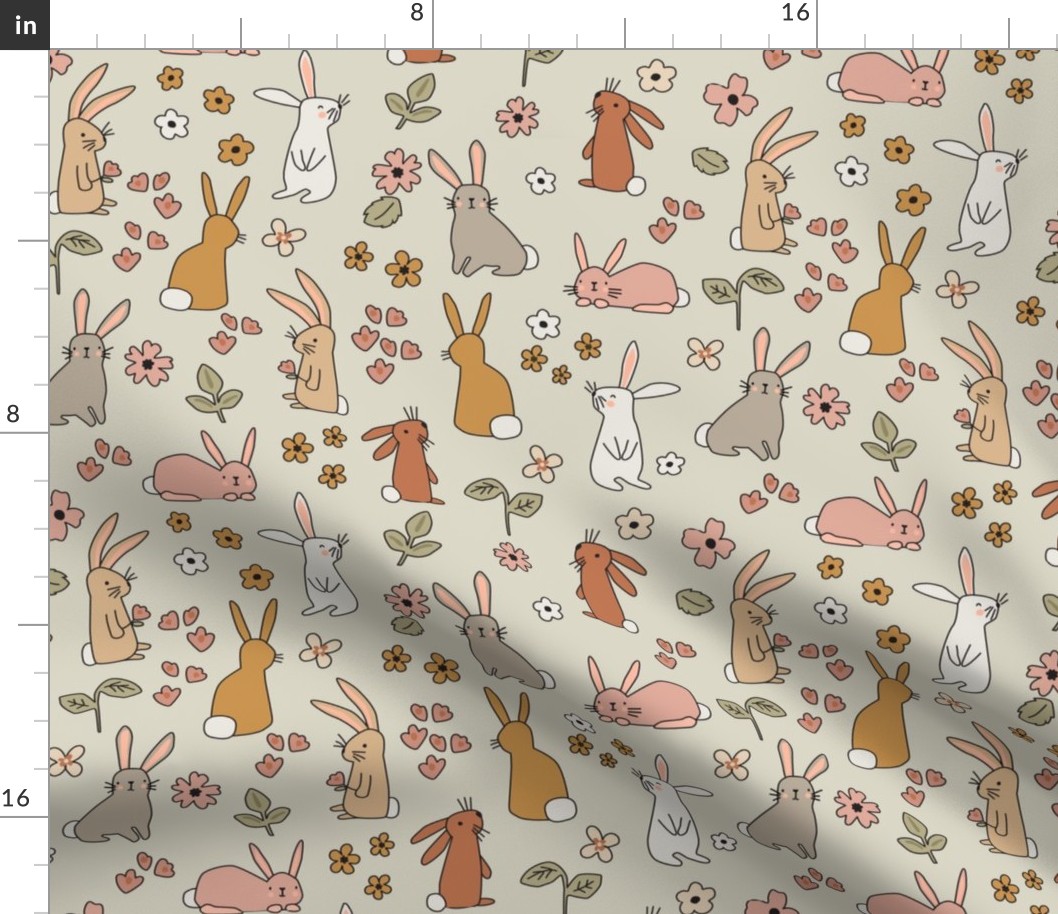 Bunnies and Flowers in Earthy colors - 3 inch