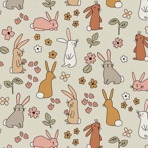 Bunnies and Flowers in Earthy colors - 2 inch