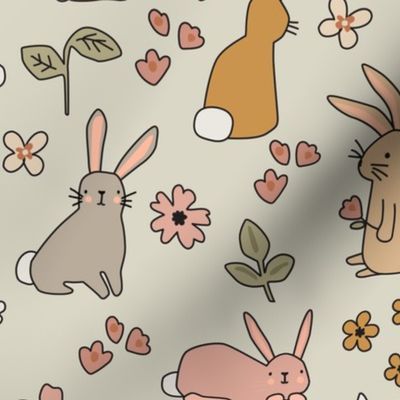 Bunnies and Flowers in Earthy colors - 4 inch
