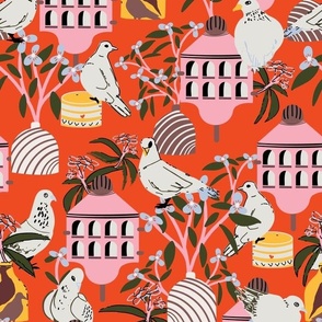 LARGE: Pink Birdhouses and Florals with White Pigeons on a bright Red Background