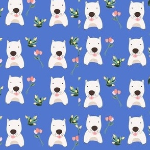 white dog with flowers / blue