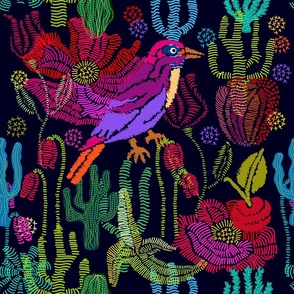 Pictoral Embroidery Style Cactus Flowers and Bright Purple Painted Flycatcher Bird
