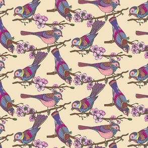 Perky Bright Colored Ornately Hand Drawn Finches Birds of a Feather