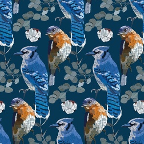 Embroidery Look Birds Blue Jays and Sparrows on Cerulean Blue Field