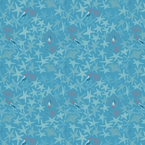 SMALL - Whimsical Mermaids Starfish Rays - Nautical Blues