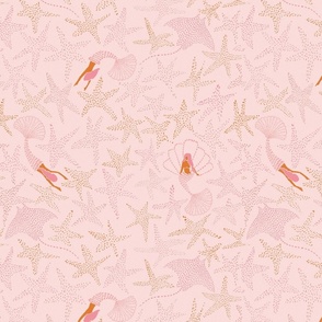 SMALL - Whimsical Mermaids Starfish Rays - Coral Pinks