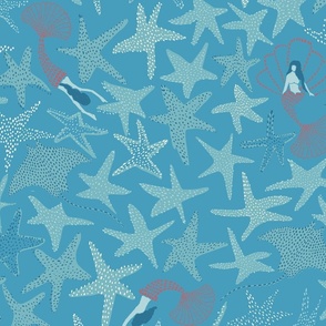 LARGE- Whimsical Mermaids Starfish Rays - Nautical Blues