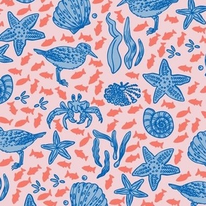 Seaside with shells and seabirds blue/pink