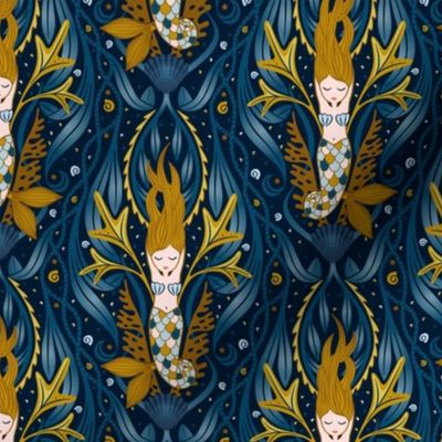 Mermaid underwater art nouveau mustard dark blue 6 inch