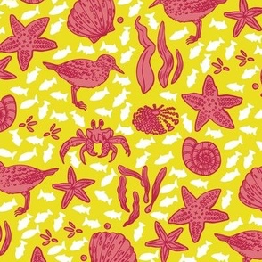 Pop seaside with pink aquatic fauna on yellow sand beach_bold and bright ditsy_for summer.