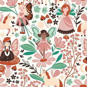Normal scale // Fairy garden // natural white background coral dry pink green and brown oak cute fairies and unicorns in a enchanted flower garden