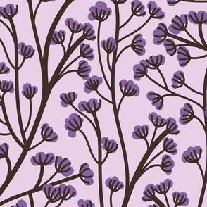 Large jumbo scale // Boho wild flowering plant // lilac background violet small flowers brown oak stem