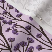 Small scale // Boho wild flowering plant // lilac background violet small flowers brown oak stem