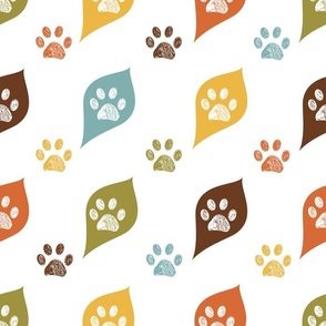 Cute colorful leaves and doodle paw prints. Fabric design seamless nature pattern