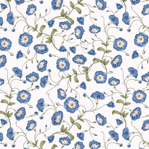 14"  a blue summer  morning glory ipomea, climbers meadow  - nostalgic  home decor on white,  Baby Girl and nursery fabric perfect for kidsroom wallpaper, kids room, kids decor double layer