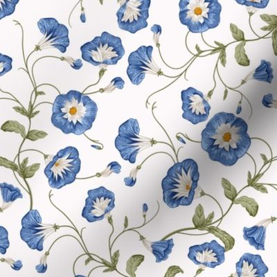 10"  a blue summer  morning glory ,ipomea, climbers meadow  - nostalgic  home decor on white,  Baby Girl and nursery fabric perfect for kidsroom wallpaper, kids room, kids decor 