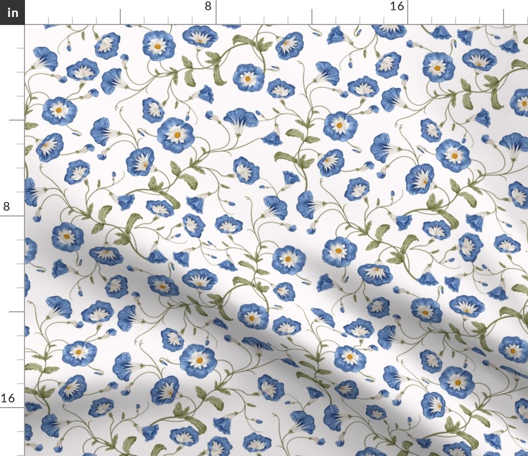 10"  a blue summer  morning glory ,ipomea, climbers meadow  - nostalgic  home decor on white,  Baby Girl and nursery fabric perfect for kidsroom wallpaper, kids room, kids decor 