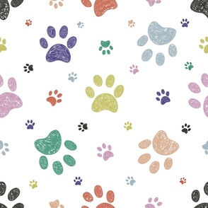 Doodle colorful paw prints seamless fabric design pattern
