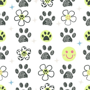 Daisies smile faces paw prints seamless fabric pattern