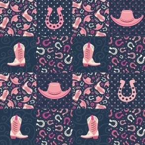 Bigger Patchwork 6" Squares Pink Cowgirl on Navy for Cheater Quilt or Blanket