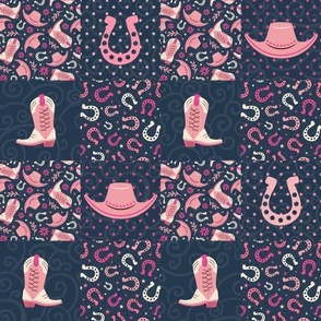 Smaller Patchwork 3" Squares Pink Cowgirl on Navy for Cheater Quilt or Blanket