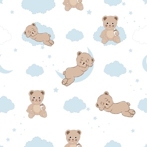 Cute teddy bears with clouds stars and moons. Seamless fabric design space for baby boy design pattern