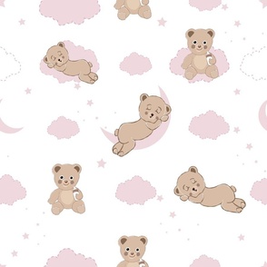 Cute teddy bears with clouds stars and moons. Seamless fabric design space for baby girl design pattern