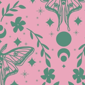 Mystic lunar moth green on pink - Large format