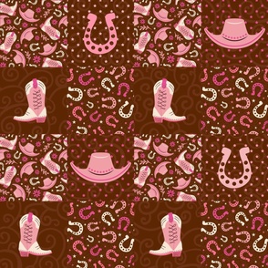 Bigger Patchwork 6" Squares Pink Cowgirl Horseshoes on Brown for Cheater Quilt or Blanket
