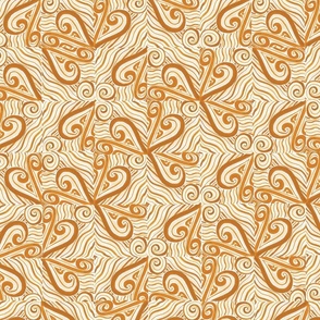 Hand Painted Ochre Waves And Spiral Shapes In Geometric Square Tiles