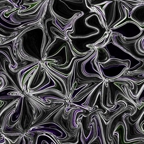 MWG21 - Midnight Walk through a Surreal Moonlit Flower Garden - Purple and Silver on Black - Fabric Repeat 16 inches - Wallpaper Repeat 12 inches