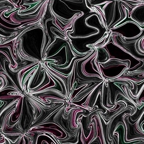 MWG19 - Midnight Walk through a Surreal Moonlit Flower Garden -  Silver and Maroon on Black - Fabric Repeat 16 inches - Wallpaper Repeat 12 inches