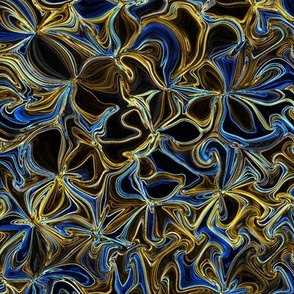 MWG15 - Midnight Walk through a Surreal Moonlit  Flower Garden  - Blue and Gold on Black - Fabric Repeat 16 inches - Wallpaper Repeat 12 inches