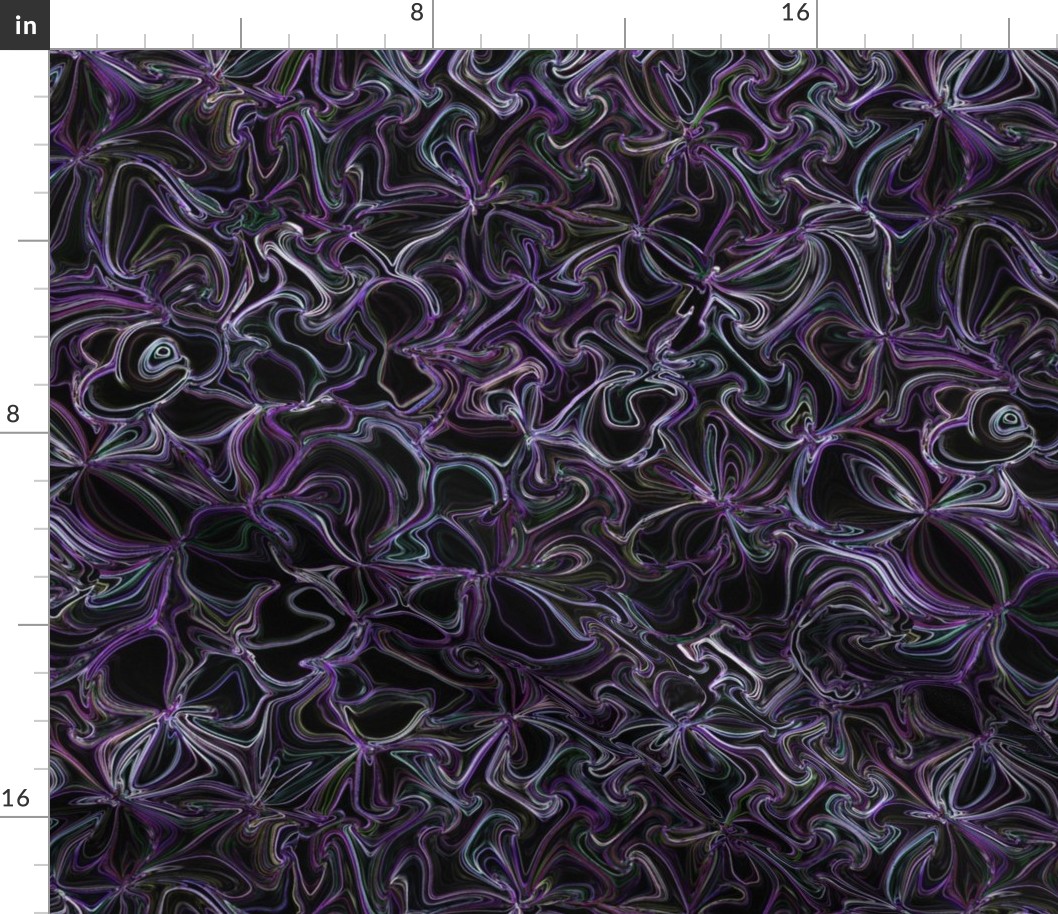 MWG6 -  Midnight Walk through a Surreal Moonlit Flower Garden - Purple on Black - Fabric Repeat 16 inches - Wallpaper repeat 12 inches