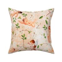 Antiqued Baroque Cherubs And Cherry Blossom Branches, Cute Antique Hand Painted White Flowers And Angels - soft peach