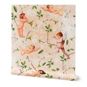 Antiqued Baroque Cherubs And Cherry Blossom Branches, Cute Antique Hand Painted White Flowers And Angels - soft peach