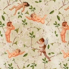 Antiqued Baroque Cherubs And Cherry Blossom Branches, Cute Antique Hand Painted White Flowers And Angels - sage