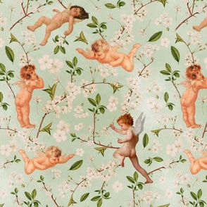 Antiqued Baroque Cherubs And Cherry Blossom Branches, Cute Antique Hand Painted White Flowers And Angels - soft peach and light green 