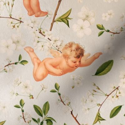 Antiqued Baroque Cherubs And Cherry Blossom Branches, Cute Antique Hand Painted White Flowers And Angels - soft peach and grey 