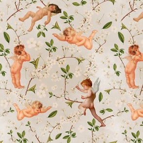 Antiqued Baroque Cherubs And Cherry Blossom Branches, Cute Antique Hand Painted White Flowers And Angels - soft peach and grey 