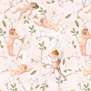 Antiqued Baroque Cherubs And Cherry Blossom Branches, Cute Antique Hand Painted White Flowers And Angels - soft pink 